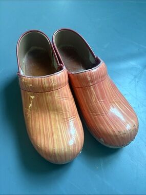 Dansko Striped Orange and Pink Clogs